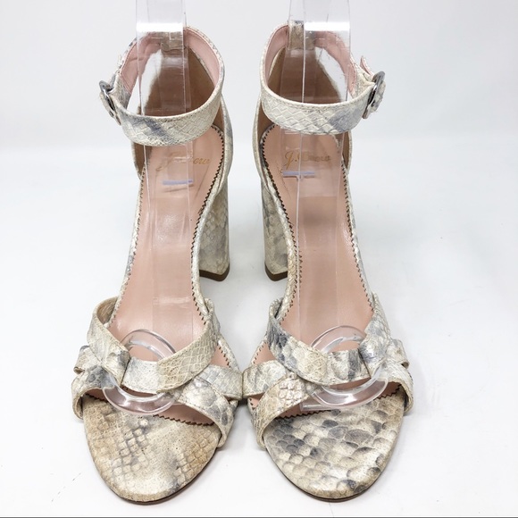 J. CREW OFF-WHITE SILVER METALLIC EMBOSSED SNAKESKIN BLOCK HEEL SANDALS - Picture 5 of 12